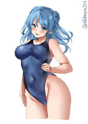 Rule 34 | 1girl, bare arms, bare shoulders, blue eyes, blue hair, blue one-piece swimsuit, blush, breasts, collarbone, competition swimsuit, cowboy shot, cropped legs, double bun, ebifurya, groin, hair bun, hand on own hip, highres, kantai collection, large breasts, long hair, one-piece swimsuit, open mouth, simple background, solo, swimsuit, teeth, twitter username, upper teeth only, urakaze (kancolle), white background