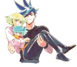 Rule 34 | 3boys, aqua eyes, bhh4321, blue eyes, blue hair, carrying, copyright name, family, galo thymos, green hair, if they mated, lio fotia, looking at viewer, male focus, multiple boys, one eye closed, princess carry, promare, purple eyes, shoes, simple background, sneakers, white background, yaoi