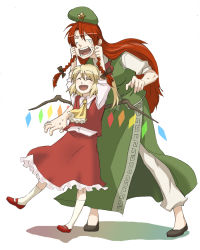 Rule 34 | 2girls, ^ ^, blonde hair, braid, closed eyes, embodiment of scarlet devil, female focus, flandre scarlet, grabbing another&#039;s hair, hat, hong meiling, long hair, multiple girls, open mouth, red hair, simple background, smile, tears, torinone, touhou, twin braids, vampire, white background, wings