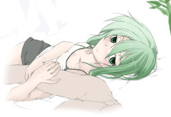 Rule 34 | 1girl, alternate costume, arm hug, blush, camisole, casual, collarbone, contemporary, elf (stroll in the woods), female focus, green eyes, green hair, hmx99 elf, jitome, looking at viewer, lying, matching hair/eyes, shiki eiki, shorts, solo, touhou