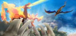 Rule 34 | absurdres, bad id, bad pixiv id, blue sky, breath weapon, breathing fire, charizard, cloud, cloudy sky, commentary request, creature, creatures (company), dragon, fiery tail, fire, flame-tipped tail, flying, game freak, gen 1 pokemon, gigantamax, gigantamax charizard, highres, huge filesize, nintendo, no humans, outdoors, pokemon, pokemon (creature), sky, tail, yukiguni kitsune