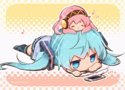 Rule 34 | 2girls, animated, animated gif, aqua eyes, aqua hair, beamed eighth notes, blinking, blush stickers, cable, cellphone, chibi, commentary, eighth note, closed eyes, hair ornament, hatsune miku, headband, long hair, lying, megurine luka, multiple girls, musical note, octopus, on head, on stomach, phone, polka dot, polka dot background, skirt, smartphone, smile, takoluka, thighhighs, twintails, very long hair, vocaloid, wanaxtuco