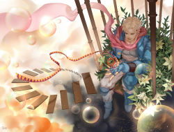 Rule 34 | 1boy, absurdres, artist name, blonde hair, blue footwear, blue gloves, boots, bubble, caesar anthonio zeppeli, cloud, fingerless gloves, flower, from above, gloves, green eyes, highres, hydrokinesis, jojo no kimyou na bouken, knee pads, lily (flower), male focus, open mouth, qing heshang, scarf, signature, sitting, smile, solo, stairs, water, winged hair ornament