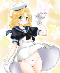 Rule 34 | 1girl, alternate eye color, black neckwear, black shirt, blonde hair, blue sailor collar, bow, bow panties, clothes lift, commentary request, cowboy shot, cup, dress, dress lift, gloves, green eyes, hat, holding, holding cup, janus (kancolle), kantai collection, looking at viewer, panties, sailor collar, sailor dress, sailor hat, shirt, short hair, short sleeves, solo, tachibana hiroki, teacup, underwear, white dress, white gloves, white hat, white panties, wind, wind lift, yellow background