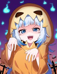 Rule 34 | 1girl, :d, blue eyes, blue hair, commentary, english commentary, gawr gura, halloween, halloween costume, hands up, highres, hitodama, hololive, hololive english, long hair, long sleeves, looking at viewer, multicolored hair, open mouth, sharp teeth, silver hair, smile, solo, streaked hair, teeth, tosyeo, upper body, v-shaped eyebrows, very long hair, virtual youtuber, wide sleeves
