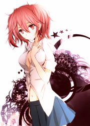 Rule 34 | 10s, 1girl, akuma no riddle, breasts, cleavage, hand on own chest, ichinose haru, large breasts, looking at viewer, navel, open clothes, red eyes, red hair, school uniform, solo, star (symbol), tsukimori usako, twintails, unbuttoned