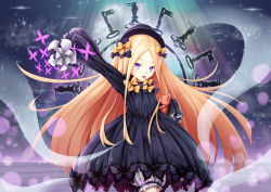 Rule 34 | 1girl, abigail williams (fate), absurdres, arm up, black bow, black dress, black hat, blonde hair, bloomers, bow, bug, butterfly, commentary request, dress, fate/grand order, fate (series), forehead, hair bow, hat, highres, hugging object, insect, key, long hair, long sleeves, looking at viewer, ootorisora, open mouth, orange bow, outstretched arm, parted bangs, polka dot, polka dot bow, purple eyes, sleeves past wrists, solo, stuffed animal, stuffed toy, teddy bear, underwear, very long hair, white bloomers