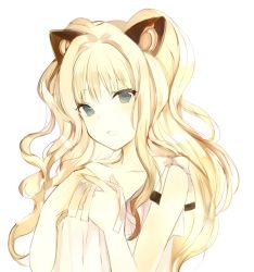Rule 34 | 1girl, :o, animal ears, asymmetrical clothes, bad id, bad tumblr id, bare shoulders, blonde hair, blue eyes, blunt bangs, blush, bow, cat ears, collarbone, fake animal ears, hairband, head tilt, long hair, lpip, open mouth, seeu, simple background, single strap, solo, speaker, tsurime, twintails, upper body, very long hair, vocaloid, wavy hair, white background, white bow