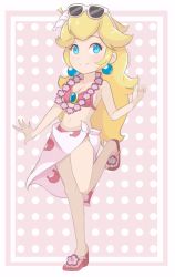 Rule 34 | 1girl, alternate costume, bare shoulders, bikini, blonde hair, blue eyes, blush, breasts, censored, chocomiru, earrings, feet, flower, flower necklace, gem, hair flower, hair ornament, hibiscus, jewelry, lei, light blush, looking at viewer, mario (series), necklace, nintendo, pink background, pink bikini, pink footwear, polka dot, polka dot background, princess peach, sandals, sarong, small breasts, smile, solo, standing, standing on one leg, sunglasses, sunglasses on head, super mario odyssey, swimsuit, white background, white sarong