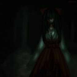 Rule 34 | 1girl, black hair, blood, blood on clothes, blood splatter, dark, forest, guro, horror (theme), japanese clothes, miko, nature, night, nontraditional miko, organs, solo, solo focus, torn clothes, yoheit