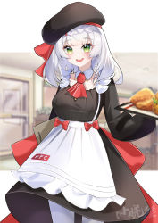 Rule 34 | 1girl, absurdres, apron, beret, black dress, black hat, blush, braid, braided bangs, breasts, dress, food, genshin impact, green eyes, hat, highres, large breasts, legs, long sleeves, looking at viewer, noelle (genshin impact), noelle (kfc) (genshin impact), open mouth, pantyhose, short hair, smile, solo, thighs, tray, waist apron, white apron, white hair, xiao xiao chuan