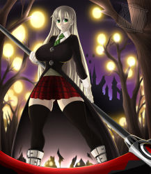Rule 34 | 1girl, alternate hairstyle, blonde hair, blush, boots, breasts, castle, female focus, forest, formal, gloves, glowing, green eyes, highres, holding, holding weapon, large breasts, long hair, looking at viewer, looking down, maka albarn, miniskirt, nature, necktie, night, scythe, skirt, solo, soul eater, thick thighs, thighhighs, thighs, very long hair, weapon