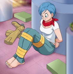 Rule 34 | 1girl, absurdres, angry, arms behind back, bandana, bandana over mouth, barefoot, bdsm, blue eyes, blue hair, bondage, boots, bound, bound ankles, bound legs, bound toes, bound wrists, breasts, bulma, cleavage, denim, dragon ball, dragon ball super, earrings, feet, female focus, gag, gag around neck, unworn gag, highres, improvised gag, jeans, jewelry, lost one zero, matching hair/eyes, mature female, medium breasts, nail polish, pants, restrained, shirt, shoes, unworn shoes, short hair, tape, tape bondage, toenail polish, toenails, ungagged, white shirt