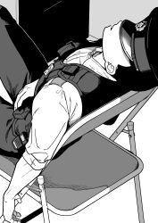 Rule 34 | 1boy, absurdres, black hair, black pants, black pouch, black vest, collared shirt, covered eyes, from behind, greyscale, hand on own stomach, hat, head back, highres, kamenreon1213, knee up, leaning back, male focus, monochrome, on chair, original, pants, parted lips, police, police hat, police uniform, shirt, short hair, sitting, sleeping, sleeves rolled up, solo, uniform, vest, white shirt
