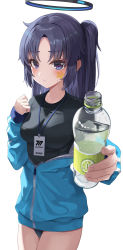 Rule 34 | 1girl, absurdres, black shirt, blue archive, blue eyes, blue hair, blue jacket, blush, bottle, buruma, closed mouth, commentary request, dark blue hair, fingernails, gym uniform, halo, highres, holding, holding bottle, jacket, lnji (rnlwls34), long hair, looking at viewer, official alternate costume, ponytail, shirt, simple background, solo, star sticker, sticker on face, thighs, track jacket, white background, yuuka (blue archive), yuuka (track) (blue archive), zipper