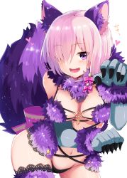 Rule 34 | 1girl, animal ears, black panties, blush, breasts, claw pose, commentary, cowboy shot, elbow gloves, fangs, fate/grand order, fate (series), fur-trimmed gloves, fur-trimmed legwear, fur collar, fur trim, gao, gloves, green gloves, hair over one eye, halloween costume, heart, highres, large breasts, looking at viewer, mash kyrielight, mash kyrielight (dangerous beast), navel, o-ring, o-ring top, official alternate costume, open mouth, panties, paw pose, pink ribbon, purple eyes, purple hair, ribbon, shiime, shiny skin, short hair, simple background, smile, solo, tail, teeth, thighhighs, thighs, translated, underwear, white background, wolf ears, wolf tail