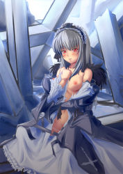 Rule 34 | 00s, 1girl, bad id, bad pixiv id, breasts, chakabo, doll joints, dress, grey hair, highres, joints, long hair, nipples, no bra, no panties, red eyes, rozen maiden, solo, suigintou, torn clothes