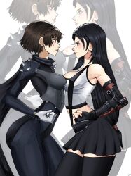Rule 34 | 2girls, absurdres, armor, asymmetrical docking, bare shoulders, black gloves, black skirt, black thighhighs, bodysuit, bodysuit under clothes, breast press, brown hair, chaosoded, commentary, crop top, crossover, english commentary, final fantasy, final fantasy vii, fingerless gloves, gauntlets, gloves, highres, looking at another, multiple girls, navel, niijima makoto, persona, persona 5, short hair, shoulder spikes, skirt, spikes, tank top, thighhighs, tifa lockhart, white background, white gloves, white tank top, zoom layer