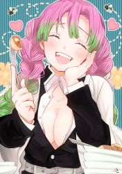 Rule 34 | 1girl, bee, belt, blush, braid, breasts, bug, butter, cleavage, eating, closed eyes, food, gradient hair, green hair, haori, heart, honey, insect, japanese clothes, kanroji mitsuri, kimetsu no yaiba, large breasts, long hair, long sleeves, mole, mole under eye, multicolored hair, no bra, nyako umi, open clothes, open mouth, pink hair, plate, smile, solo
