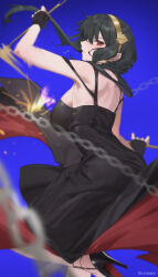 Rule 34 | 1girl, ass, black dress, black gloves, black hair, blocking, blue background, blurry, blurry foreground, breasts, chain, chilakkk, dagger, depth of field, dress, dual wielding, earrings, fingerless gloves, gloves, gold earrings, gold hairband, hairband, high heels, highres, holding, holding dagger, holding knife, holding weapon, jewelry, knife, large breasts, motion blur, parted lips, patent heels, pumps, red eyes, red soles, shoes, spy x family, stiletto heels, sweat, v-shaped eyebrows, weapon, yor briar
