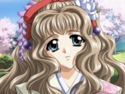 Rule 34 | 1girl, blue eyes, brown hair, carnelian, cherry blossoms, close-up, day, floral print, flower, game cg, grass, hair flower, hair intakes, hair ornament, ichijou sayoko, japanese clothes, kimono, long hair, looking at viewer, outdoors, pov, re leaf, sky, smile, solo, tree, wavy hair
