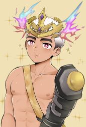 Rule 34 | 1boy, abs, absurdres, character request, closed mouth, commentary request, crave saga, crown, dark-skinned male, dark skin, higemaccho, highres, male focus, multicolored hair, pectorals, prosthesis, prosthetic arm, purple eyes, short hair, solo, sparkle, toned, toned male, topless male, two-tone hair, white hair, yellow background