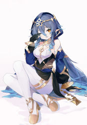 Rule 34 | 1girl, absurdres, bad id, bad pixiv id, black sleeves, blue hair, blue hood, blue sleeves, claw ring, commentary, coria, crossed ankles, detached sleeves, full body, genshin impact, hair between eyes, hand on ground, hand on own face, hand up, high heels, highres, hood, hood up, layla (genshin impact), long hair, looking at viewer, multicolored sleeves, one eye closed, open mouth, pantyhose, pointy ears, puffy sleeves, shirt, simple background, sitting, sleeveless, sleeveless shirt, solo, symbol-only commentary, very long hair, waist cape, white background, white pantyhose, yellow eyes, yellow footwear