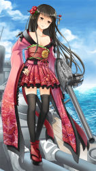 Rule 34 | 1girl, battleship, black hair, breasts, brown eyes, cleavage, cloud, commentary request, day, floral print, frilled kimono, frilled sleeves, frills, full body, hair ornament, hair stick, head tilt, japanese clothes, kimono, long hair, military, military vehicle, natsuya (kuttuki), obi, ocean, off shoulder, outdoors, pink kimono, red sash, red thighhighs, sandals, sash, ship, short kimono, small breasts, solo, standing, tabi, thighhighs, turret, venus blade, warship, water, watercraft, wide sleeves, zouri