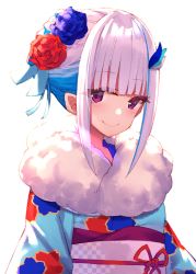 Rule 34 | 1girl, absurdres, blue flower, blue hair, blue kimono, blue ribbon, blue rose, braid, closed mouth, commentary request, floral print, flower, fur collar, hair flower, hair ornament, hair ribbon, highres, japanese clothes, kimono, lize helesta, looking at viewer, multicolored hair, nijisanji, obi, print kimono, purple eyes, red flower, red rose, ribbon, rose, sash, simple background, smile, solo, two-tone hair, upper body, virtual youtuber, white background, white hair, yuuki nao (pixiv10696483)