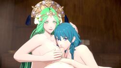 Rule 34 | 1boy, 2girls, 3d, absurdres, animated, bisexual female, blue eyes, blue hair, breast sucking, breasts, breasts squeezed together, byleth (female) (fire emblem), byleth (fire emblem), cinderdryadva, continuous ejaculation, cum, cumdrip, ejaculation, ejaculation between breasts, fellatio, ffm threesome, fire emblem, fire emblem: three houses, grabbing, grabbing another&#039;s breast, green eyes, green hair, group sex, highres, intelligent systems, koei, large breasts, long hair, looking at viewer, medium hair, moaning, multiple girls, nao (pixiv 5120470), nintendo, nodusfm, oral, paizuri, pale skin, pov, rhea (fire emblem), sarielle13, smile, sound, teamwork, threesome, uncensored, video