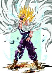 Rule 34 | 1boy, aura, blonde hair, blue sash, blue wristband, brown footwear, cape, closed mouth, crackling energy, debris, dougi, dragon ball, dragonball z, electricity, facing viewer, fighting stance, floating cape, full body, green eyes, highres, looking at viewer, male focus, muscular, muscular male, official style, oharu2000, pants, purple pants, purple shirt, sash, serious, shawl, shirt, sleeveless, solo, son gohan, spiked hair, standing, super saiyan, super saiyan 2, toriyama akira (style), torn clothes, v-shaped eyebrows, wristband