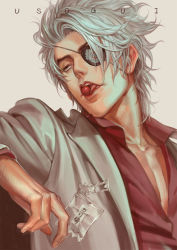 Rule 34 | 1boy, axis04, between fingers, blazer, brown eyes, collarbone, collared shirt, copyright name, eyepatch, food, food in mouth, fruit, grey jacket, half-closed eyes, holding, jacket, lips, long sleeves, looking away, madarame baku, male focus, mouth hold, one eye covered, red shirt, shirt, silver hair, simple background, solo, sweets, teeth, tongue, tongue out, umeboshi, upper body, usogui