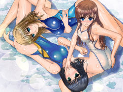 Rule 34 | 00s, 3girls, arm behind back, armpits, ass, back, bare shoulders, black hair, blonde hair, blue eyes, blue one-piece swimsuit, breasts, brown hair, cleavage, competition swimsuit, from above, from side, green eyes, hair between eyes, hand on another&#039;s chin, hand on own ass, highleg, highleg swimsuit, legs together, long hair, lying, maria-sama ga miteru, multiple girls, nenchi, nijou noriko, one-piece swimsuit, satou sei, shiny skin, short hair, skin tight, swimsuit, toudou shimako, wet, wet hair, white one-piece swimsuit