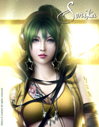 Rule 34 | 1girl, breasts, cleavage, earrings, elbow gloves, female focus, gloves, green eyes, green hair, headphones, highres, jewelry, large breasts, lips, lipstick, makeup, mario wibisono, matching hair/eyes, necklace, official art, raynkazuya (artist), ribbon, solo, sonika, star (symbol), tattoo, vocaloid, watermark