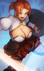 Rule 34 | 1girl, absurdres, blue eyes, boudica (fate), breasts, earrings, fate/grand order, fate (series), gold trim, highres, holding, holding shield, holding sword, holding weapon, jewelry, large breasts, lc butter, open mouth, red hair, red skirt, round teeth, shield, short hair, side ponytail, skirt, sword, teeth, weapon