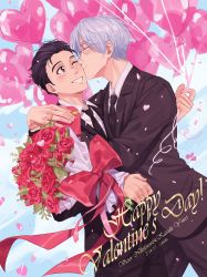 Rule 34 | 10s, 2boys, ameli-ya, bad id, bad pixiv id, balloon, black hair, bouquet, brown eyes, character name, kissing cheek, confetti, couple, dated, closed eyes, flower, formal, hair slicked back, happy valentine, highres, jewelry, katsuki yuuri, kiss, male focus, multiple boys, necktie, one eye closed, red flower, red rose, ribbon, ring, rose, silver hair, smile, suit, valentine, viktor nikiforov, yaoi, yuri!!! on ice