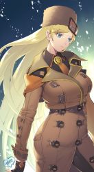 Rule 34 | 1girl, artist name, blonde hair, blue eyes, breasts, buttons, closed mouth, coat, commentary request, fur hat, fur trim, gloves, gold trim, gradient background, guilty gear, guilty gear strive, hat, highres, large breasts, lips, long hair, long sleeves, looking away, millia rage, murata tefu, pantyhose, signature, simple background, solo, ushanka
