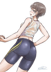 Rule 34 | 10s, 1girl, ass, bad id, bad pixiv id, bike shorts, black shorts, blush, brown eyes, brown hair, character name, dutch angle, freckles, from behind, girls und panzer, looking at viewer, looking back, naomi (girls und panzer), parted lips, shirt, short hair, shorts, signature, simple background, solo, solokov (okb-999), standing, sweatdrop, tank top, tomboy, very short hair, white background, white shirt
