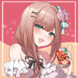 Rule 34 | 1girl, :d, bare shoulders, black bow, blue eyes, blush, bow, braid, brown hair, can, commentary request, crown, flower, hair flower, hair ornament, hair over shoulder, hairclip, hand up, heart, highres, holding, holding can, long hair, mini crown, nijisanji, open mouth, pink flower, pink rose, rose, shirt, smile, solo, striped, striped bow, suzuhara lulu, tilted headwear, tittu, upper body, virtual youtuber, white shirt, x hair ornament
