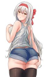 Rule 34 | 1girl, alternate costume, ass, black socks, black thighhighs, blue shorts, brown eyes, casual, commentary request, denim, denim shorts, from behind, headband, highres, kantai collection, kneehighs, long hair, red headband, ribbed sweater, shorts, shoukaku (kancolle), simple background, sleeveless, sleeveless sweater, socks, solo, suisen toire (moko924), sweater, thighhighs, white background, white hair, white sweater