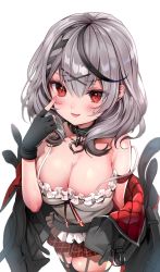 Rule 34 | 1girl, :p, black gloves, black hair, blush, braid, breasts, camisole, cleavage, collar, fingerless gloves, garter straps, gloves, grey hair, hair ornament, highres, hololive, large breasts, looking at viewer, luna nyann, medium hair, multicolored hair, plaid, plaid skirt, red eyes, sakamata chloe, skirt, solo, streaked hair, thighhighs, tongue, tongue out, virtual youtuber, white background, white camisole, x hair ornament