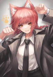 Rule 34 | 1girl, animal ears, animal hands, black coat, black necktie, black pants, braid, braided ponytail, cat ears, cat paws, chainsaw man, character name, coat, collared shirt, deyo (nicijyou), drawn whiskers, formal, grey background, highres, looking at viewer, makima (chainsaw man), medium hair, necktie, orange eyes, pants, paw pose, red hair, ringed eyes, shirt, shirt tucked in, sidelocks, simple background, smile, solo, suit, white shirt