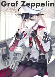 Rule 34 | 10s, 119, 1girl, artist name, bad id, bad pixiv id, black skirt, breasts, cannon, character name, closed mouth, cross, floral background, gloves, graf zeppelin (kancolle), hair between eyes, hands up, hat, iron cross, kantai collection, lips, long sleeves, looking at viewer, machinery, own hands together, pantyhose, peaked cap, pink lips, pleated skirt, pocket, purple pantyhose, sitting, skirt, smile, solo, turret, white gloves, white hat