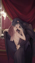 Rule 34 | 2girls, black cape, black dress, black hair, black jacket, black pants, blush, cape, closed mouth, commentary, couple, deerwhisky, dress, ear blush, eye contact, gradient hair, hand on another&#039;s face, highres, indoors, jacket, lipstick mark, long hair, looking at another, mask, masquerade mask, multicolored hair, multiple girls, pants, path to nowhere, rahu (path to nowhere), red hair, shalom (path to nowhere), shirt, shoulder blades, sidelocks, strapless, strapless dress, white hair, white shirt, yuri