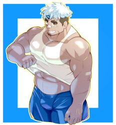 Rule 34 | 1boy, akiha gongen (housamo), bandaid, bandaid on face, bandaid on nose, bara, blue theme, cropped legs, dark-skinned male, dark skin, facial hair, goatee, goatee stubble, horns, huge eyebrows, lifted by self, looking at viewer, male focus, midriff peek, multicolored hair, muscular, muscular male, navel, pectoral cleavage, pectorals, ragi san (ononokomachiimo), seductive smile, short hair, sidepec, single horn, smile, solo, square background, standing, stubble, tank top, tokyo houkago summoners, two-tone hair, white tank top