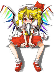 Rule 34 | 1girl, blonde hair, blush, female focus, flandre scarlet, full body, gengorou, hat, mary janes, mob cap, mouth hold, panties, ribbon, shoes, short hair, solo, touhou, underwear, white background, wings