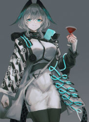 Rule 34 | 1girl, aiv, aqua eyes, arknights, black pantyhose, breasts, coat, cup, dress, drinking glass, feathered wings, fingerless gloves, gloves, grey background, grey hair, hair between eyes, head wings, highres, ho&#039;olheyak (arknights), infection monitor (arknights), large breasts, long coat, long sleeves, looking at viewer, open clothes, open coat, pantyhose, short hair, sidelocks, simple background, smile, snake tail, solo, tail, white dress, white gloves, wine glass, wings