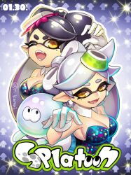 Rule 34 | 2girls, bare arms, bare shoulders, black dress, black hair, black jumpsuit, bow-shaped hair, breasts, callie (splatoon), cleavage, commentary request, copyright name, cousins, detached collar, dress, fangs, flipped hair, food, food on head, gloves, grey hair, jellyfish (splatoon), jumpsuit, kamui natsuki, long hair, marie (splatoon), medium breasts, mole, mole under eye, multiple girls, nintendo, object on head, patterned background, pointy ears, short hair, short jumpsuit, short ponytail, splatoon (series), splatoon 1, squid girl, strapless, strapless dress, sushi, swept bangs, tentacle hair, thick eyebrows, twintails, white gloves, yellow eyes
