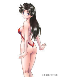 1girl artist_name ass black_hair breasts closed_mouth earrings from_behind futari_ecchi highleg jewelry katsu_aki kneepits long_hair looking_at_viewer looking_back medium_breasts one-piece_swimsuit onoda_yura purple_eyes red_one-piece_swimsuit sideboob simple_background slingshot_swimsuit smile solo standing swimsuit white_background