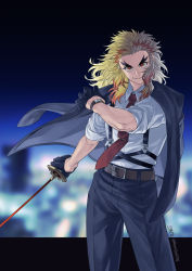 Rule 34 | 1boy, belt, belt buckle, black border, black gloves, black jacket, black pants, blonde hair, blurry, blurry background, border, brown belt, buckle, closed mouth, collared shirt, dress shirt, forked eyebrows, gloves, highres, holding, holding sword, holding weapon, jacket, jacket on shoulders, katana, kimetsu no yaiba, letterboxed, long hair, looking at viewer, male focus, multicolored hair, necktie, outside border, pants, red eyes, red hair, red necktie, remsor076, rengoku kyoujurou, shirt, sleeves rolled up, smile, solo, sword, twitter username, two-tone hair, watch, weapon, white shirt, wing collar, wristwatch